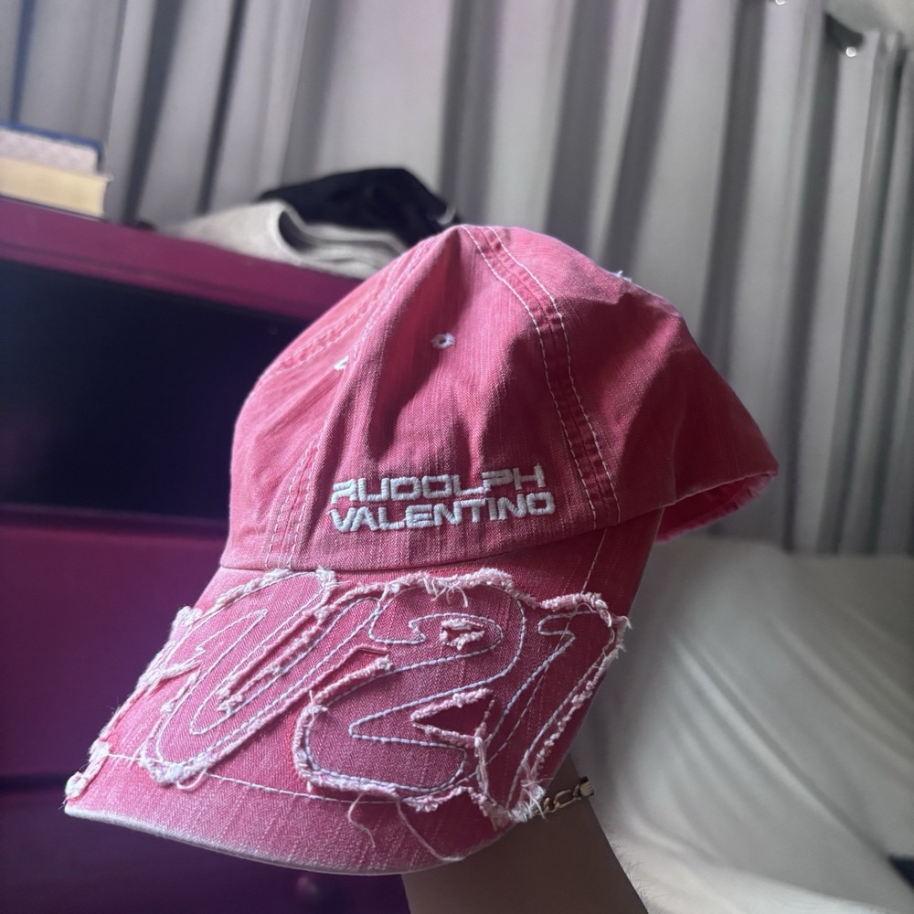 Vtg Y2K Rudolph Valentino Red Distressed Baseball Hat Cap RV Logo Embroidered - Picture 2 of 6